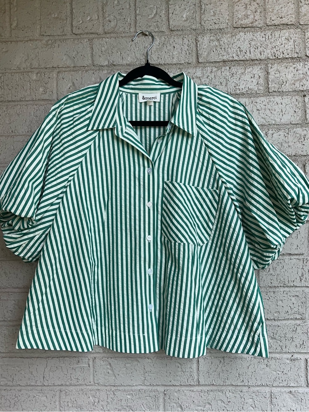 &Merci green and white bubble sleeve blouse size medium